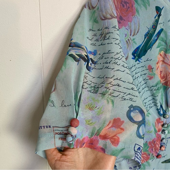 NWT Lindy Bop Retro Amelia Dress Mint Planes Floral Size US 12 Love Letters Blue - Picture 6 of 16